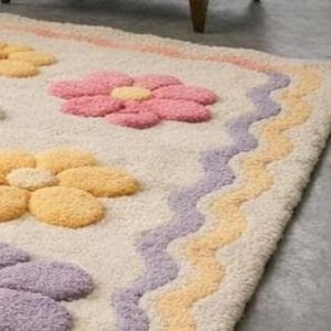 Floral area rug kawaii home decor, colorful soft wool rug, custom hand tufted rug