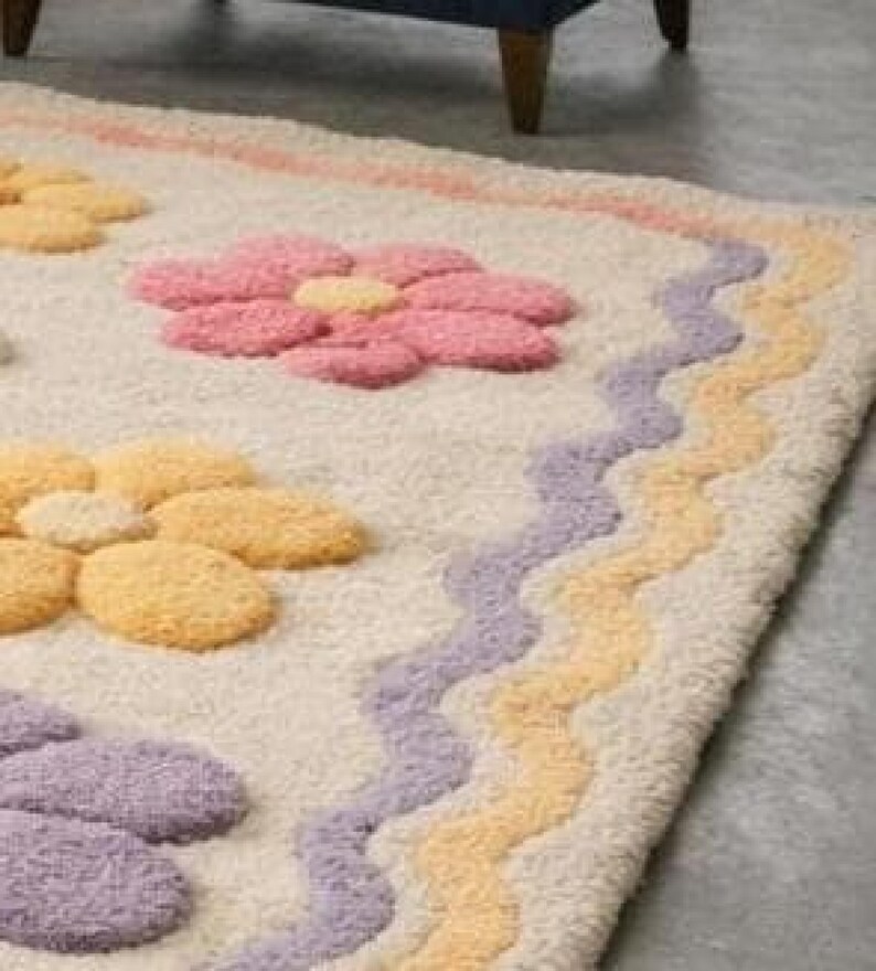Floral area rug kawaii home decor, colorful soft wool rug, custom hand tufted rug