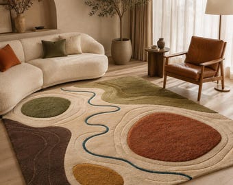 Abstract Hand-Tufted Wool Rug, Olive Terracotta Organic 3D Area Rug for Living Room