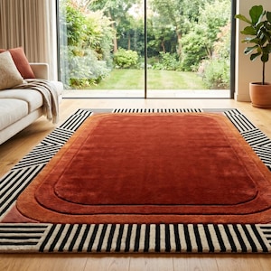Mid Century Rug, Modern Burnt Orange Art Deco Area Rug, Geometric Terracotta Carpet for Living Room, Retro 70s Style Large Home Decor Rug