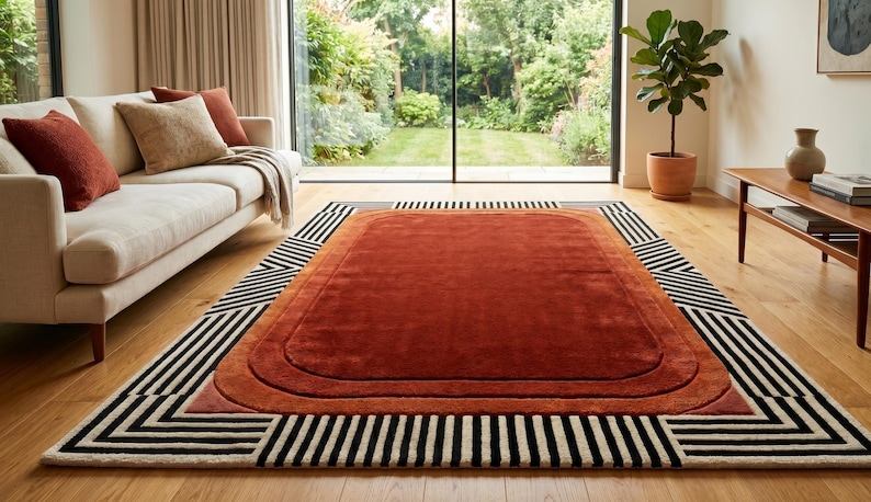 Mid Century Rug, Modern Burnt Orange Art Deco Area Rug, Geometric Terracotta Carpet for Living Room, Retro 70s Style Large Home Decor Rug