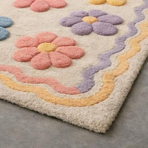 Floral area rug kawaii home decor, colorful soft wool rug, custom hand tufted rug