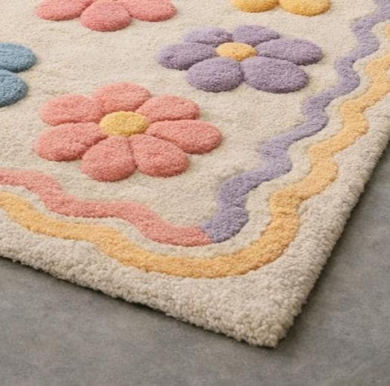 Floral area rug kawaii home decor, colorful soft wool rug, custom hand tufted rug