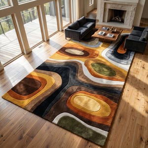 Handmade earth tone abstract wavy wool rug in a luxury living room