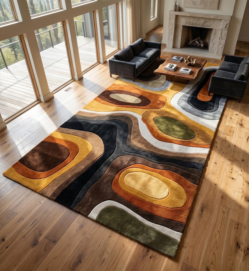 Handmade earth tone abstract wavy wool rug in a luxury living room