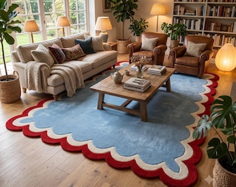 Hand Tufted Scalloped Rug | Custom Wavy Border Area Rug | Colorful Eclectic Carpet | Funky Decor | Blue and Red Tufted Rug