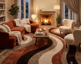 Brown Abstract Rug, Hand Tufted Wool in Rust and Cream, Organic Wave Style, Mid Century Living Room Decor