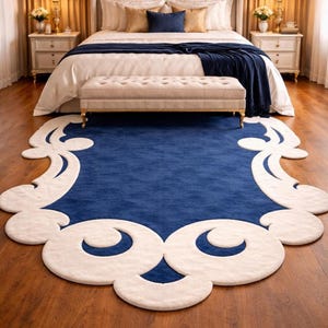Handmade Royal Blue & Cream Irregular Rug - Large Area Modern Abstract Tufted Carpet for Living Room, Bedroom, Contemporary, 5x8, 8x10, 9x12