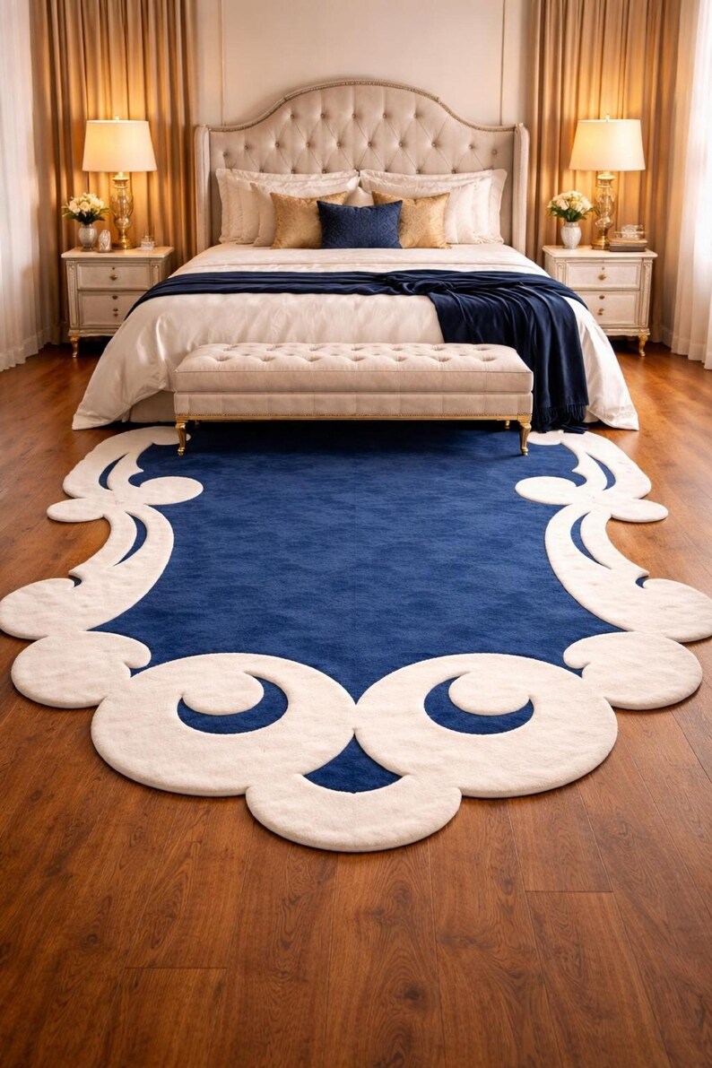 Handmade Royal Blue & Cream Irregular Rug - Large Area Modern Abstract Tufted Carpet for Living Room, Bedroom, Contemporary, 5x8, 8x10, 9x12