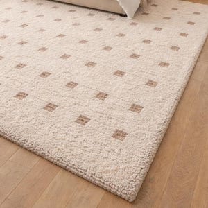 Hand Tufted Wool Rug - Cream & Beige Polka Dot Grid Rug - Large Area Rug for Living Room, Bedroom -Sage Thick Pile Boho Rug, 8x10 Area rug