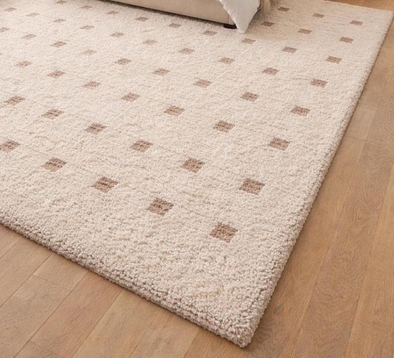 Hand Tufted Wool Rug - Cream & Beige Polka Dot Grid Rug - Large Area Rug for Living Room, Bedroom -Sage Thick Pile Boho Rug, 8x10 Area rug