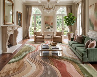 Modern Abstract Hand-Tufted Rug in Sage Green, Terracotta & Beige – High-Low Texture Soft Carpet for Living Room 9x12 area rug