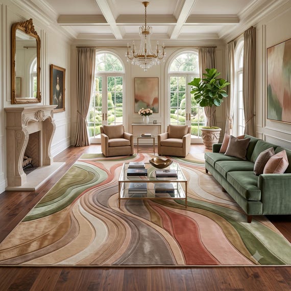 Modern Abstract Hand-Tufted Rug in Sage Green, Terracotta & Beige – High-Low Texture Soft Carpet for Living Room 9x12 area rug