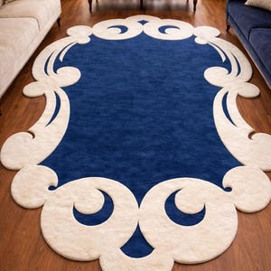 Handmade Royal Blue & Cream Irregular Rug - Large Area Modern Abstract Tufted Carpet for Living Room, Bedroom, Contemporary, 5x8, 8x10, 9x12