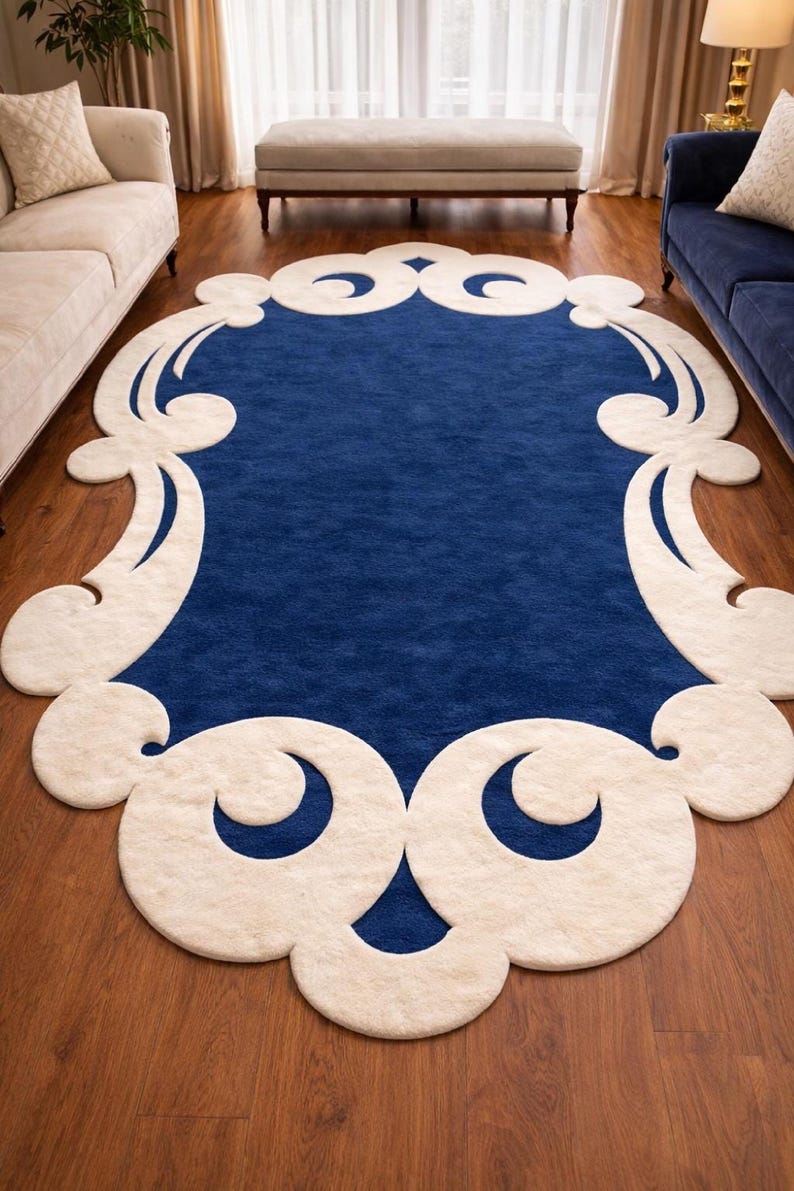 Handmade Royal Blue & Cream Irregular Rug - Large Area Modern Abstract Tufted Carpet for Living Room, Bedroom, Contemporary, 5x8, 8x10, 9x12