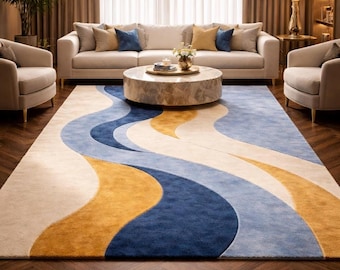 Hand Tufted Wool Rug Abstract Blue and Gold Wave Design, 3D Texture Modern Area Rug, Large High Quality Soft Carpet for Living Room Bedroom