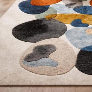 Mid century rug style, Modern Abstract Organic Carpet Beige, Blue, Mustard Orange Contemporary Rugs for living room, Bedroom 9x12 rugs