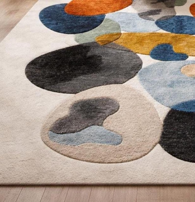Mid century rug style, Modern Abstract Organic Carpet Beige, Blue, Mustard Orange Contemporary Rugs for living room, Bedroom 9x12 rugs