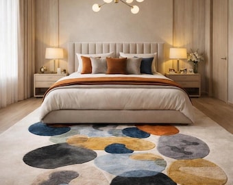Mid century rug style, Modern Abstract Organic Carpet Beige, Blue, Mustard Orange Contemporary Rugs for living room, Bedroom 9x12 rugs