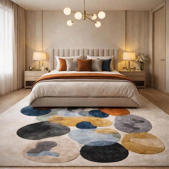 Mid century rug style, Modern Abstract Organic Carpet Beige, Blue, Mustard Orange Contemporary Rugs for living room, Bedroom 9x12 rugs