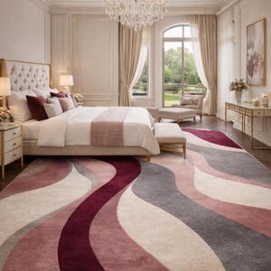 Modern Abstract Rug: Hand Tufted Wool, Large Contemporary Grey and Blush Pink Designer Rug