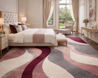 Modern Abstract Rug: Hand Tufted Wool, Large Contemporary Grey and Blush Pink Designer Rug