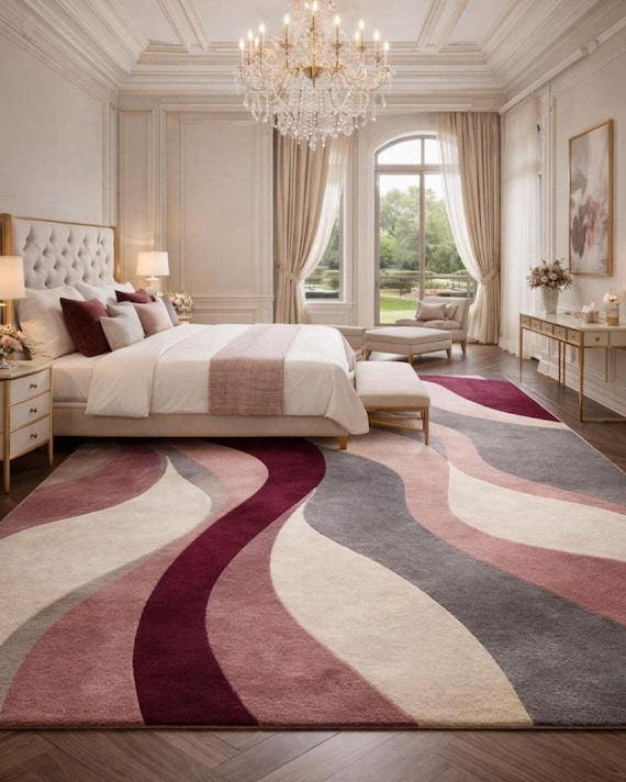 Modern Abstract Rug: Hand Tufted Wool, Large Contemporary Grey and Blush Pink Designer Rug
