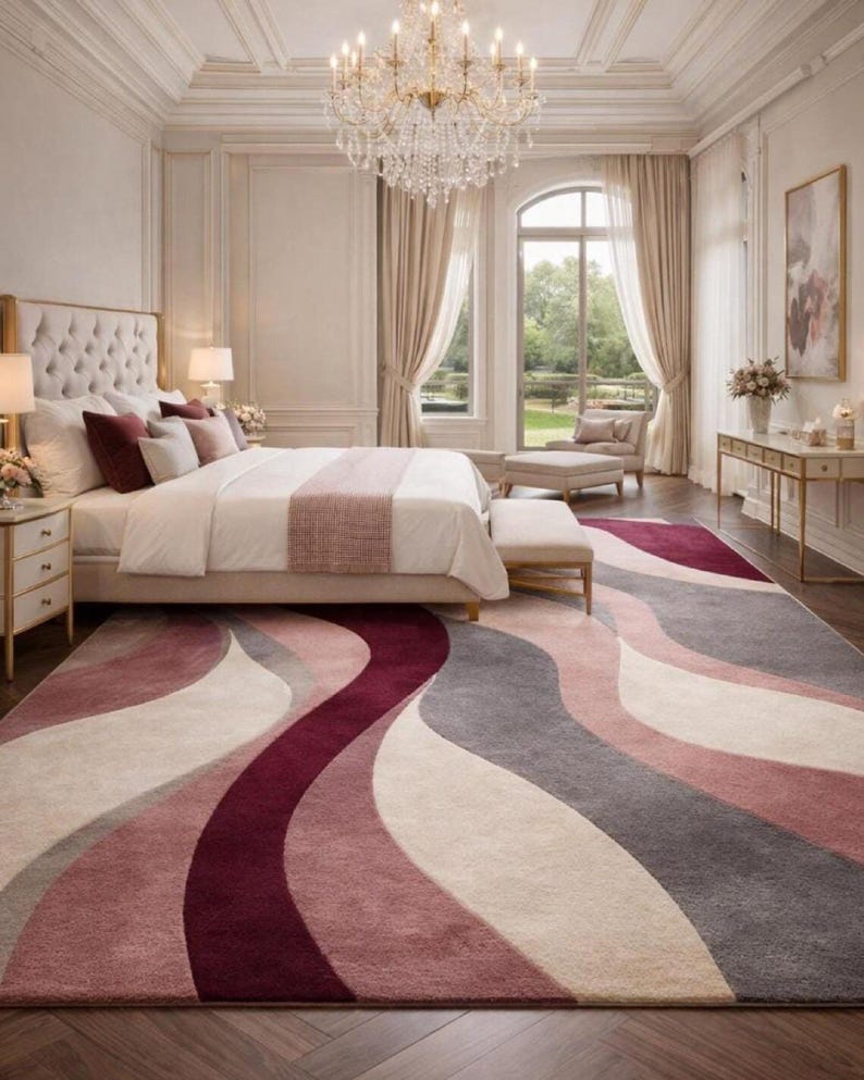 Modern Abstract Rug: Hand Tufted Wool, Large Contemporary Grey and Blush Pink Designer Rug