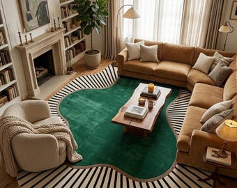 Hand tufted Rug Irregular Shape Emerald Green Area Rug Mid Century Modern Black White Stripe Carpet Boho Living Room Custom Wool Floor Art