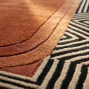 Mid Century Rug, Modern Burnt Orange Art Deco Area Rug, Geometric Terracotta Carpet for Living Room, Retro 70s Style Large Home Decor Rug