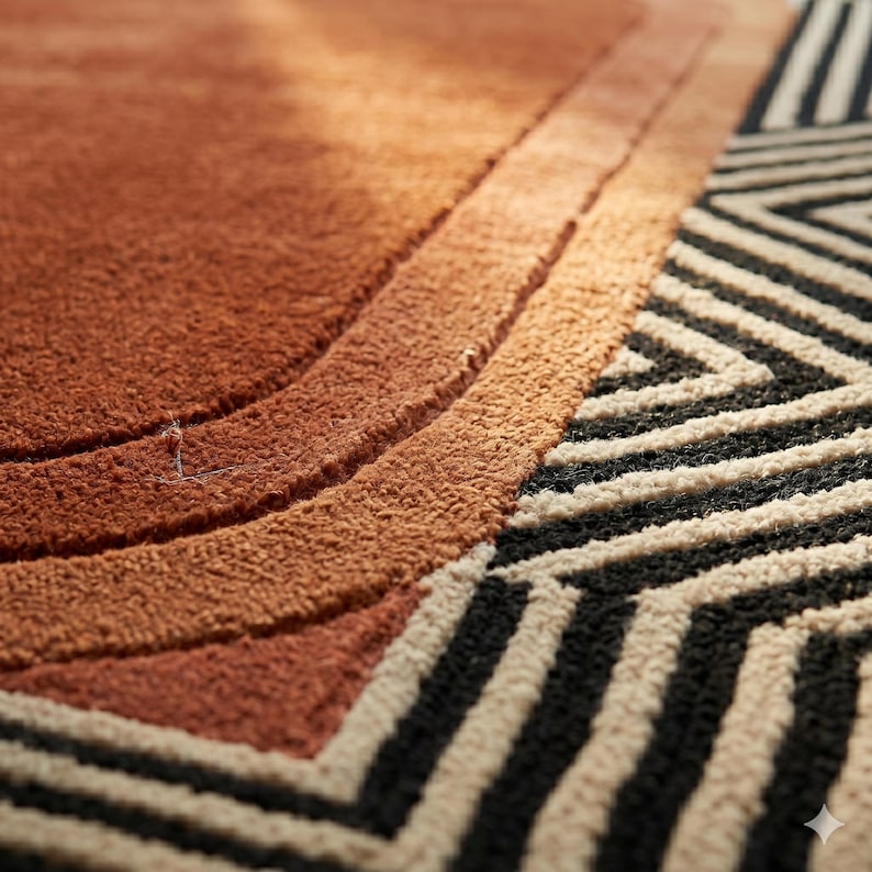 Mid Century Rug, Modern Burnt Orange Art Deco Area Rug, Geometric Terracotta Carpet for Living Room, Retro 70s Style Large Home Decor Rug