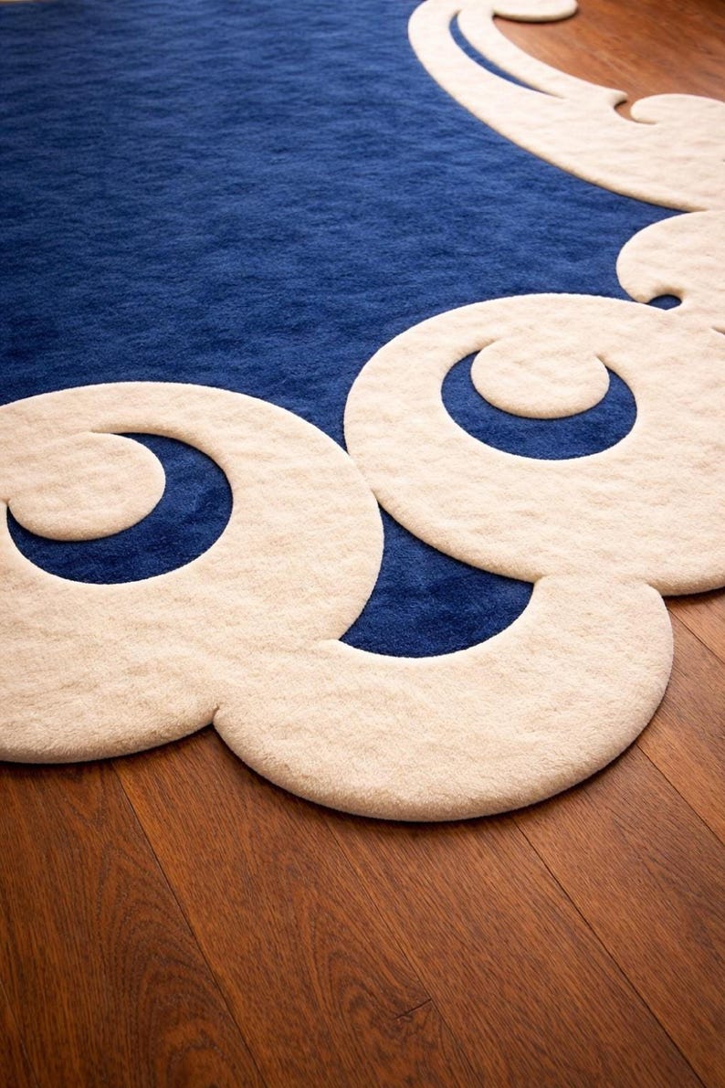 Handmade Royal Blue & Cream Irregular Rug - Large Area Modern Abstract Tufted Carpet for Living Room, Bedroom, Contemporary, 5x8, 8x10, 9x12