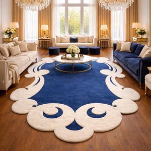 Handmade Royal Blue & Cream Irregular Rug - Large Area Modern Abstract Tufted Carpet for Living Room, Bedroom, Contemporary, 5x8, 8x10, 9x12