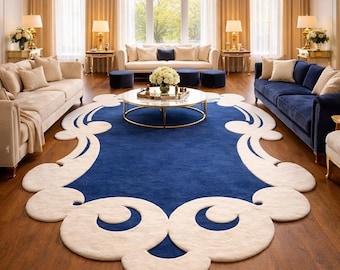 Handmade Royal Blue & Cream Irregular Rug - Large Area Modern Abstract Tufted Carpet for Living Room, Bedroom, Contemporary, 5x8, 8x10, 9x12