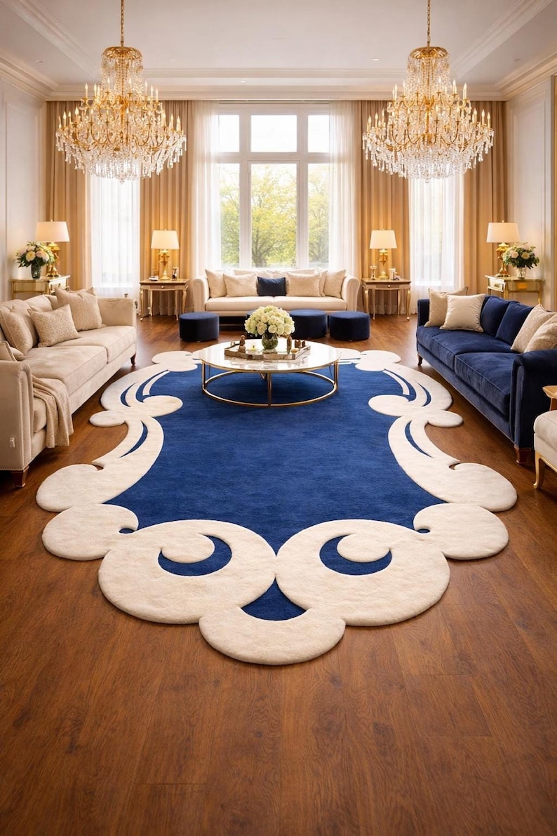 Handmade Royal Blue & Cream Irregular Rug - Large Area Modern Abstract Tufted Carpet for Living Room, Bedroom, Contemporary, 5x8, 8x10, 9x12