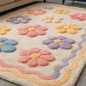 Floral area rug kawaii home decor, colorful soft wool rug, custom hand tufted rug