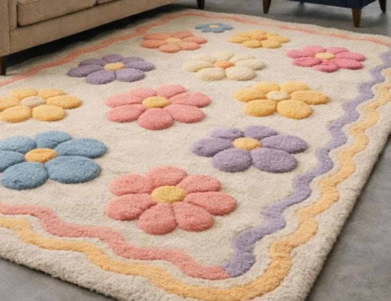 Floral area rug kawaii home decor, colorful soft wool rug, custom hand tufted rug