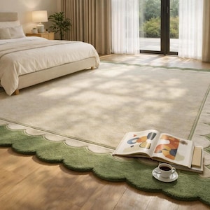 Oversized Sage Green Scalloped Rug, Hand Tufted Wool Area Rug, Large Cream & Green Border Rug, Luxury Living Room Rug, Modern Minimalist rug