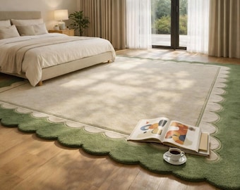 Scalloped Wool Rug Green And Cream, Modern Area Rug, Hand Tufted Rug, Solid Handmade Rug, Large Rug For Living Room Or Bedroom