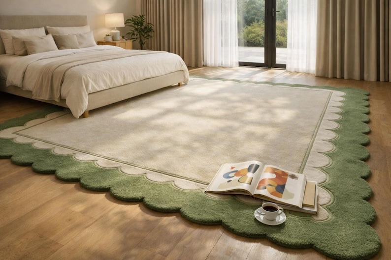 Oversized Sage Green Scalloped Rug, Hand Tufted Wool Area Rug, Large Cream & Green Border Rug, Luxury Living Room Rug, Modern Minimalist rug