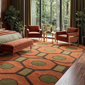 Mid Century Modern Geometric Hand Tufted Wool Rug, Retro 70s Hexagon Area Rug, Orange Green Living Room Carpet, 8x10 9x12, handmade Rug