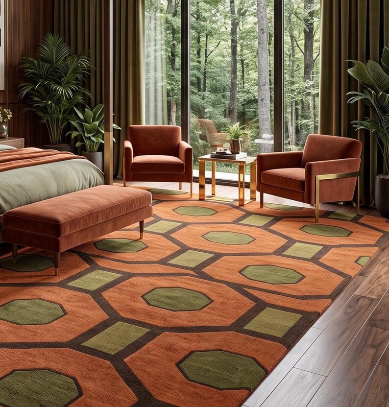 Mid Century Modern Geometric Hand Tufted Wool Rug, Retro 70s Hexagon Area Rug, Orange Green Living Room Carpet, 8x10 9x12, handmade Rug