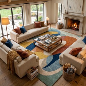 Modern Abstract Wool Area Rug | Hand Tufted Designer Living Room Carpet | Large Mid Century Colorful Rug | Custom Floor Rug | Boho Art Rug image 7