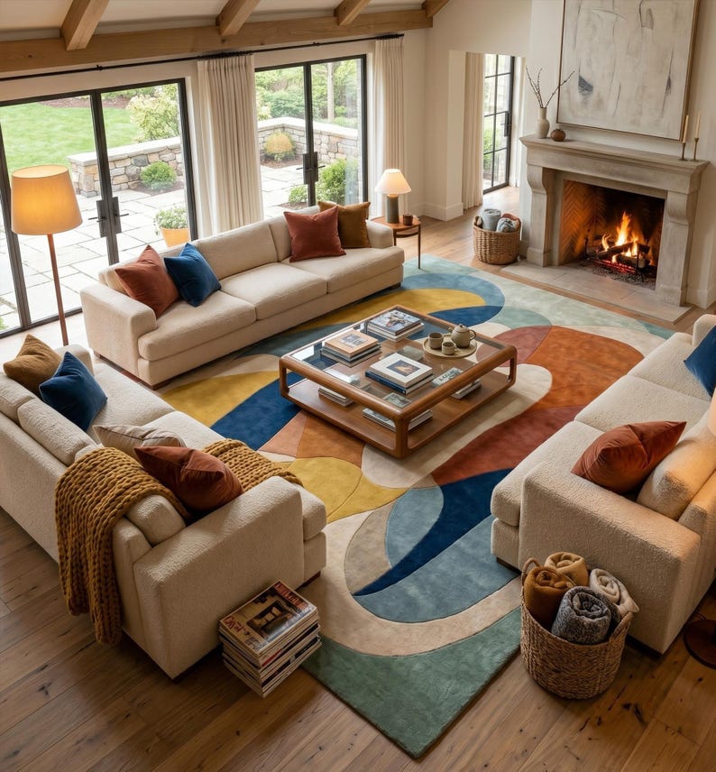 Modern Abstract Wool Area Rug | Hand Tufted Designer Living Room Carpet | Large Mid Century Colorful Rug | Custom Floor Rug | Boho Art Rug image 7