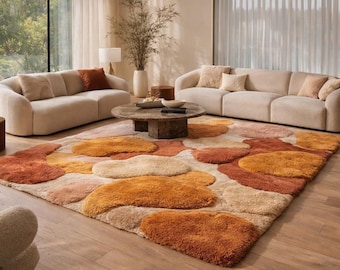 Hand tufted Mid century rug, Moss Shaggy Abstract Wool Rug in terracotta and mustard yellow, plush high pile rug for living room, Bedroom