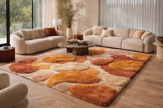 Hand tufted Mid century rug, Moss Shaggy Abstract Wool Rug in terracotta and mustard yellow, plush high pile rug for living room, Bedroom