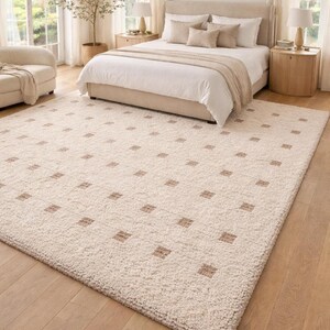 Hand Tufted Wool Rug - Cream & Beige Polka Dot Grid Rug - Large Area Rug for Living Room, Bedroom -Sage Thick Pile Boho Rug, 8x10 Area rug