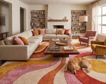 Hand Tufted Abstract Wavy Wool Rug, Pink Orange Yellow Modern Area Rug, Mid Century Contemporary Living Room Rug, Bedroom, Custom 8x10 9x12