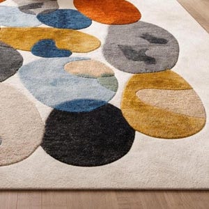 Mid century rug style, Modern Abstract Organic Carpet Beige, Blue, Mustard Orange Contemporary Rugs for living room, Bedroom 9x12 rugs