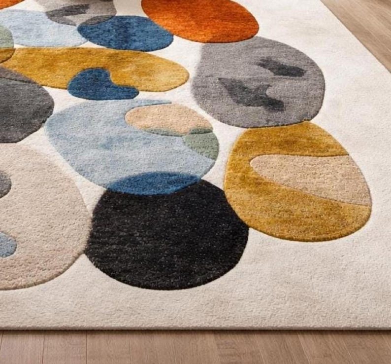 Mid century rug style, Modern Abstract Organic Carpet Beige, Blue, Mustard Orange Contemporary Rugs for living room, Bedroom 9x12 rugs